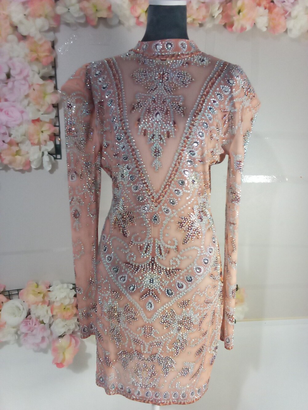 Fashion Nova Peach Crystal-Embellished Long-Sleeve V-Back Dress